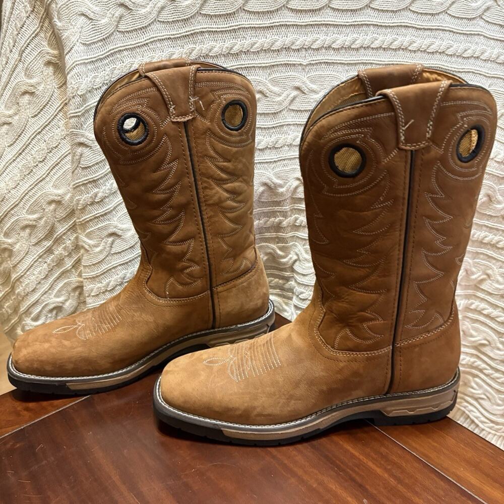 Laredo Men's Brown Leather Western Pull-On Boots Embroidered Mid-Calf 10.5D